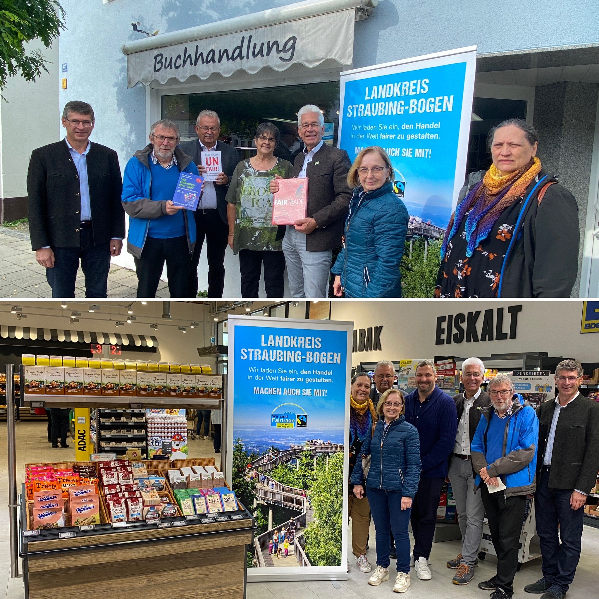 Gäste der Fairtrade-Steuerungsgruppe in Bogen bei EDEKA-Mode und bei der Buchhandlung Winklmeier